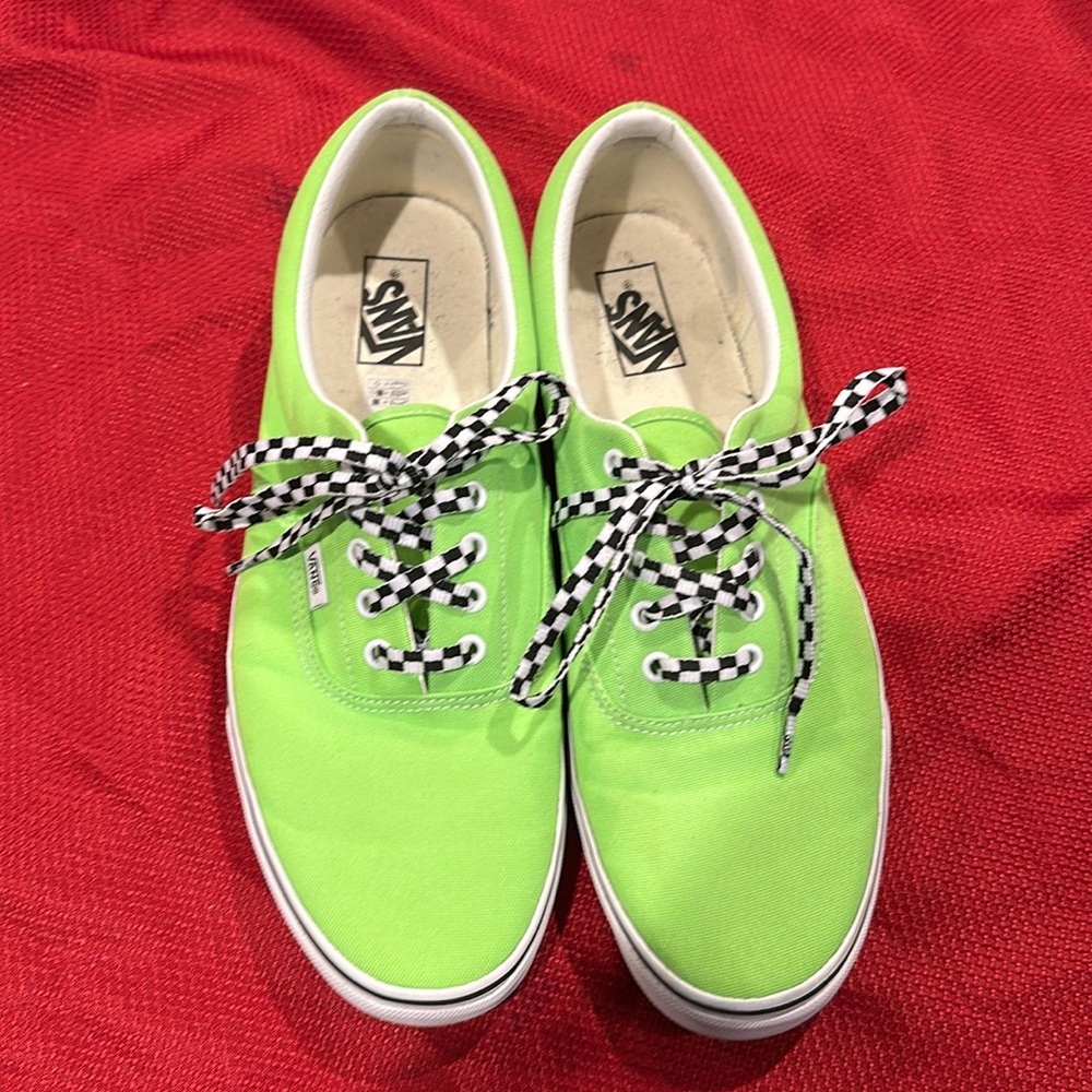 Vans fluorescent green with checkered shoe strings. Worn once !! EUC !! Size 13